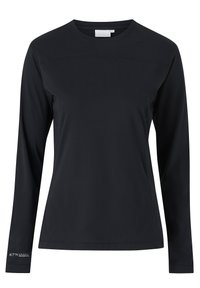 Schwarz langärmliges Funktionsshirt aus leichtem Material, mit Rundhalsausschnitt, flachen Nähten und einem kleinen Logo am Ärmel.