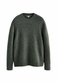 Pull en laine vert avec un col rond, des manches longues et un ourlet côtelé. La texture semble douce et duveteuse, présentant un motif de tissu chiné.