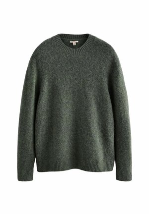 Grüner Wollpullover mit Rundhalsausschnitt, langen Ärmeln und geripptem Saum. Die Textur wirkt weich und flauschig und weist ein meliertes Stoffmuster auf.