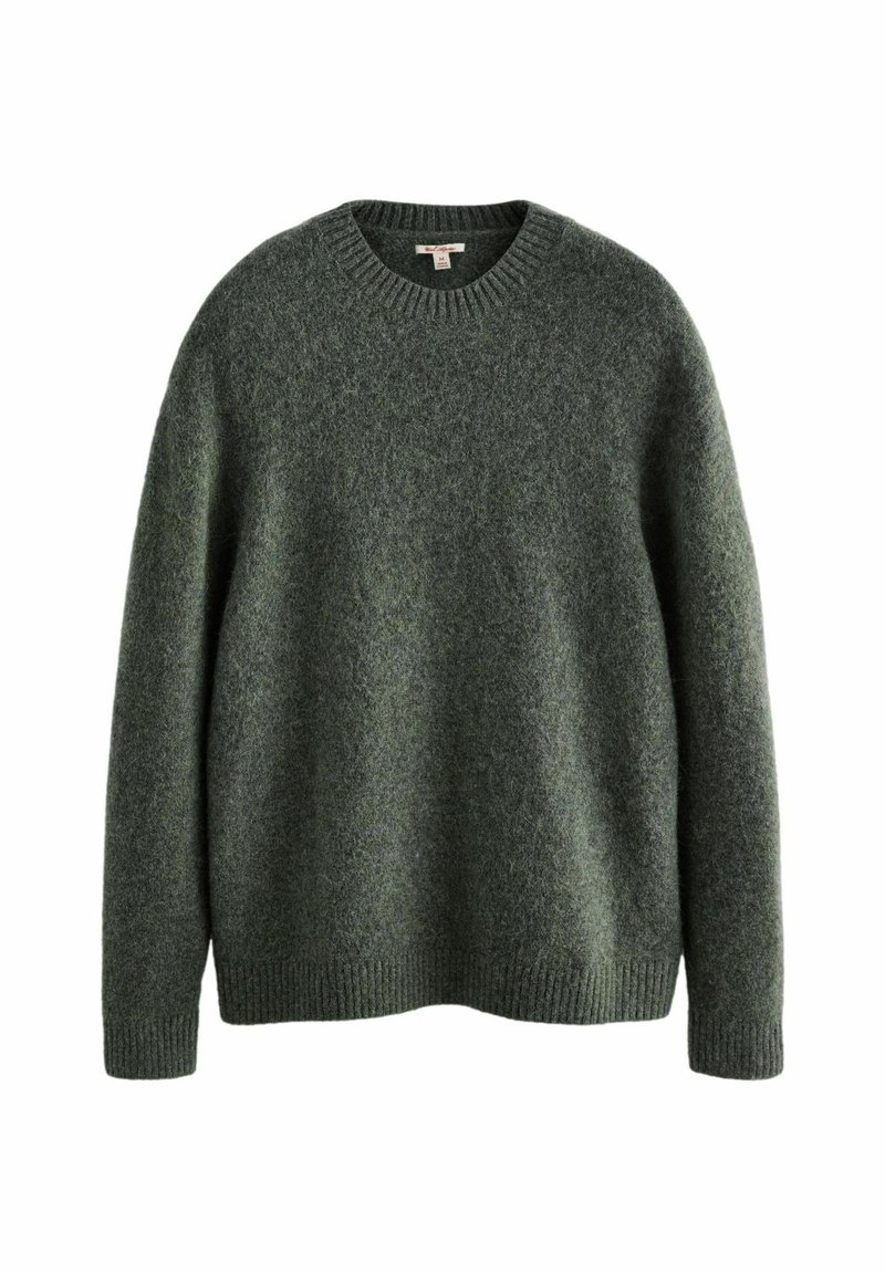 Pull en laine vert avec un col rond, des manches longues et un ourlet côtelé. La texture semble douce et duveteuse, présentant un motif de tissu chiné.
