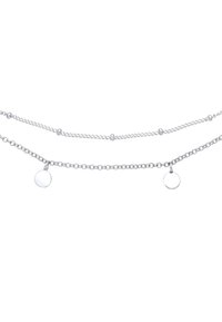 Silver chain necklace with two strands; features circular pendants and bead accents. Smooth texture and polished finish.