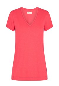 T-shirt corallo rosa con scollatura a V realizzato in tessuto morbido, caratterizzato da maniche corte e una vestibilità rilassata con fessure laterali all'orlo.