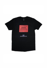 Black cotton t-shirt featuring a red concert ticket graphic with text for "Oasis," dated August 1994, and white logo detail at the bottom.