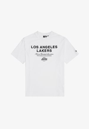 White cotton t-shirt featuring "LOS ANGELES LAKERS" in bold black letters, with additional branding in smaller print below and logo detail.