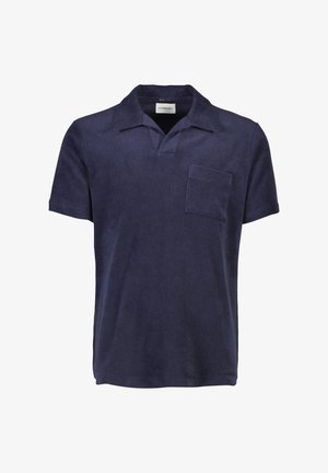 Navy short-sleeve polo shirt made of soft fabric, featuring a classic collar, a front pocket, and a straight hem. Textured surface.