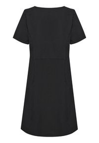 Vestido negro de manga corta con un cuello redondo, que cuenta con bolsillos laterales y un corte relajado. Tejido suave y liso con un diseño simple y sin adornos.
