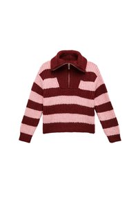 Pull en maille rayé avec un col haut, décolleté en V profond, rayures horizontales bordeaux et rose, et texture côtelée.