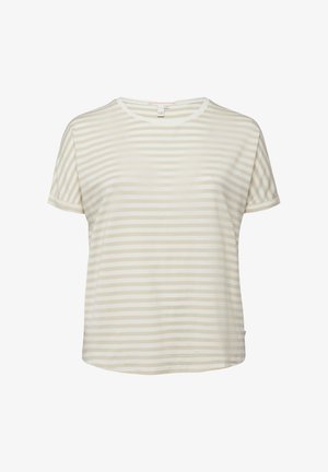 Beżowo-biała, poziomo paskowana koszulka z krótkim rękawem, okrągłym dekoltem i luźnym krojem.