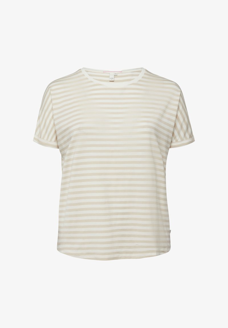 T-shirt à manches courtes à rayures horizontales beige et blanches, avec un col rond et une coupe ample.