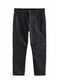 Black straight-leg pants with front patch pockets, belt loops, and button closure, laid flat on white background.