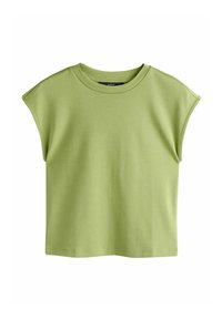 Rövid ujjú, világoszöld pamut póló, kerek nyakkivágással és túlméretezett, lehajtott vállú fazonnal.