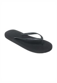 Zwarte flip-flops met een structuurzool. Voorzien van platte rubberen banden en een gevormde voetbed. Decoratief logo op de band.