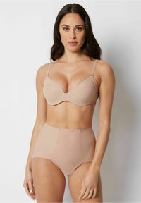 Nude bra with a plunging neckline and adjustable straps, paired with high-waisted nude briefs featuring a smooth, seamless design.