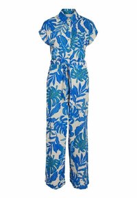 Modrý a bílý overál s potiskem, límečkem, krátkými rukávy, zavazováním v pase a širokými nohavicemi, zdobený motivy tropických listů.