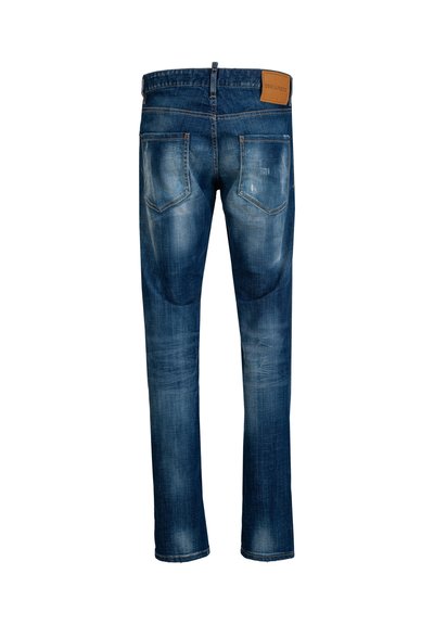 Blaue Jeans aus Denim mit verwaschenem Finish, geradem Schnitt, zwei Gesäßtaschen und einem beigen Lederpatch am Bund.