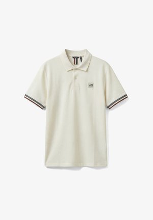 Korte mouw beige poloshirt met twee knopen, gestreepte mouwboorden en een klein logo op de linkerborst.