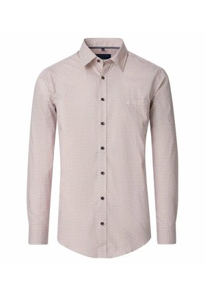 Long-sleeve shirt in light red with a geometric pattern. Features a button-down collar and brown buttons. Soft cotton fabric.