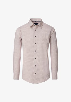 Koszula z długim rękawem w jasnym czerwonym kolorze z geometrycznym wzorem. Posiada kołnierzyk zapinany na guziki oraz brązowe guziki. Wykonana z miękkiej bawełny.