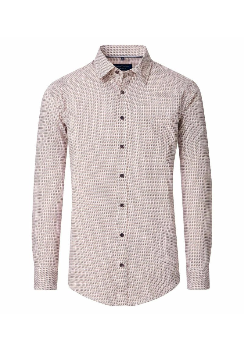 Koszula z długim rękawem w jasnym czerwonym kolorze z geometrycznym wzorem. Posiada kołnierzyk zapinany na guziki oraz brązowe guziki. Wykonana z miękkiej bawełny.