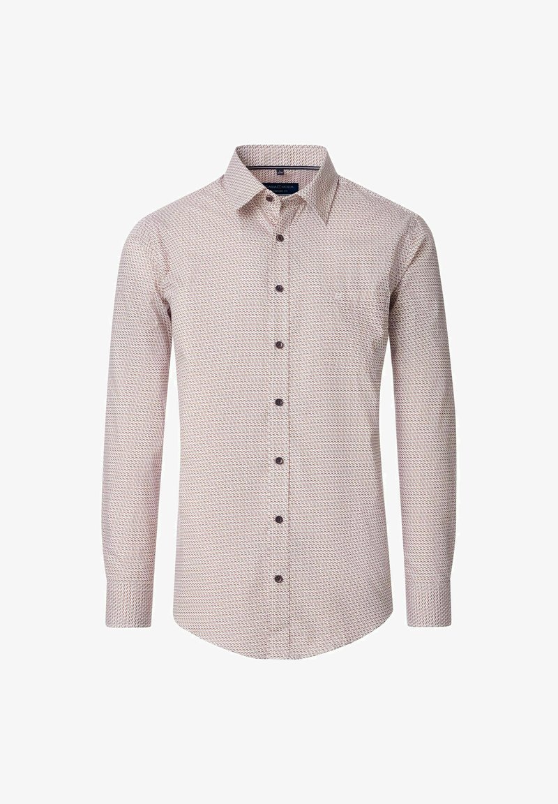 Koszula z długim rękawem w jasnym czerwonym kolorze z geometrycznym wzorem. Posiada kołnierzyk zapinany na guziki oraz brązowe guziki. Wykonana z miękkiej bawełny.