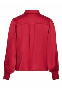 Red satin long-sleeve blouse with puffed sleeves, buttoned cuffs, and a central back pleat under the yoke.