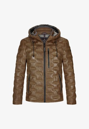 Braune Pufferjacke aus Leder mit strukturiertem Finish, ausgestattet mit einer Kapuze, einem Frontreißverschluss und zwei seitlichen Reißverschlusstaschen.