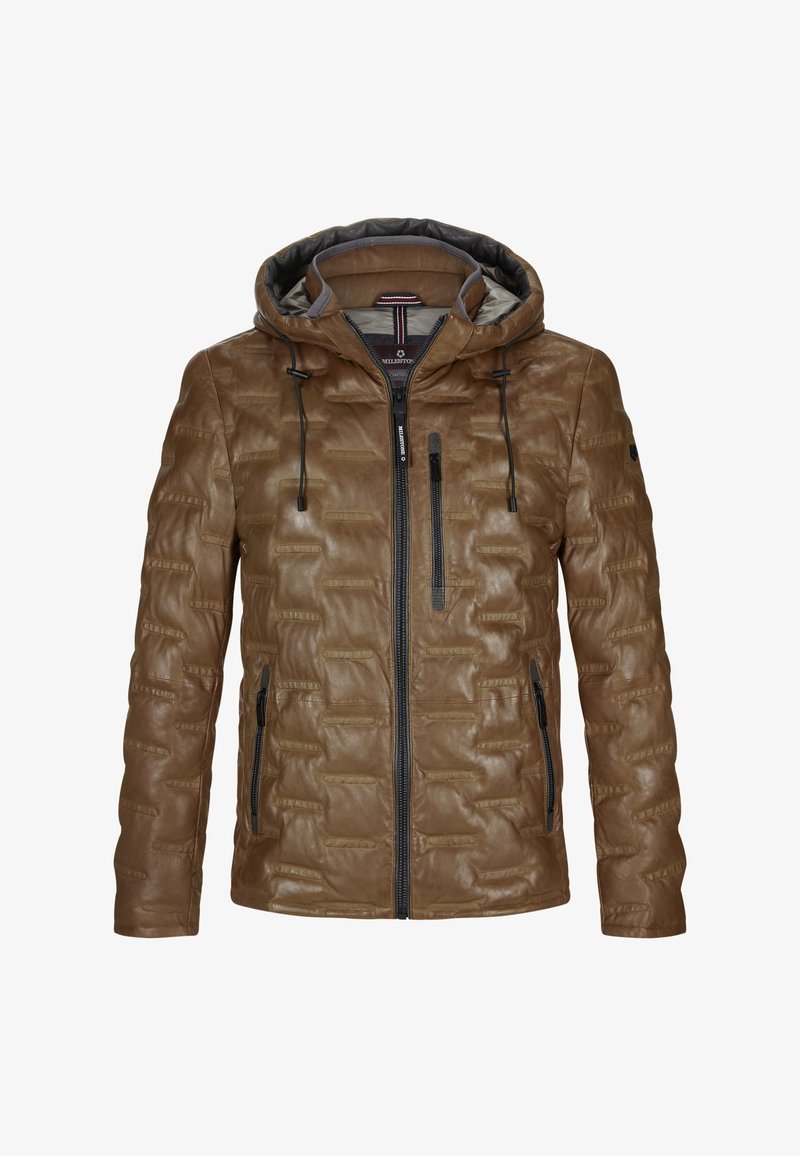 Braune Pufferjacke aus Leder mit strukturiertem Finish, ausgestattet mit einer Kapuze, einem Frontreißverschluss und zwei seitlichen Reißverschlusstaschen.