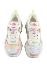 White sneakers featuring a chunky design, soft glittery material in pastel shades, textured soles, and prominent logo accents on the tongue.