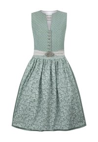 Hellgrünes Kleid mit ärmellosem Design, das mit floralen Mustern, einem V-Ausschnitt, silbernen Knöpfen und einer taillierten Taille geschmückt ist, die mit einem dekorativen Verschluss versehen ist.