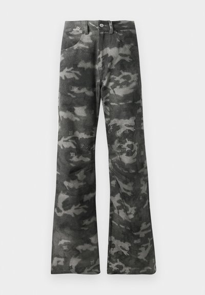 Dark gray and black camouflage patterned straight-leg jeans with button and zip closure and front pockets.