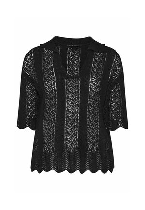 Top nero in maglia a maniche corte con motivi in pizzo aperto, collo e orlo e bordi delle maniche smerlati.