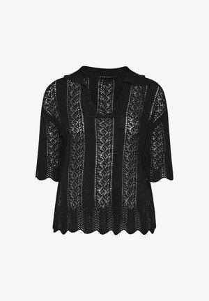 Musta lyhythihainen neulepaita, jossa avoimet pitsikuviot, kaulus sekä aaltoilevat reunat helmassa ja hihoissa.