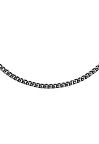 Collana in catena nera e argento con anelli intrecciati, rifinita lucidamente, con una consistenza liscia e una forma uniforme e curvilinea.