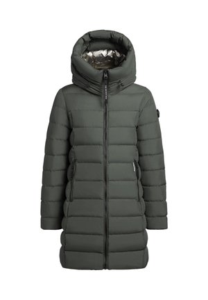 Padded parka w ciemnozielonym kolorze z wysokim kołnierzem i kieszeniami zapinanymi na zamek, z błyszczącym srebrnym wnętrzem i regulowanym kapturem.