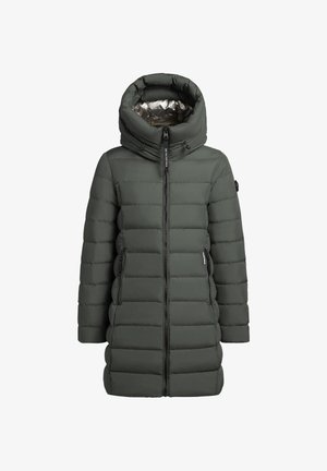 Padded parka w ciemnozielonym kolorze z wysokim kołnierzem i kieszeniami zapinanymi na zamek, z błyszczącym srebrnym wnętrzem i regulowanym kapturem.