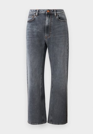 Mørk grå denimjeans med høy midje, rett passform, fem lommer og kontrastfarget oransje søm.