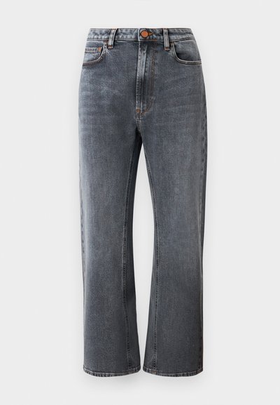 Dark grey denim jeans featuring a high waist, straight-leg fit, five pockets, and contrasting orange stitching detail.