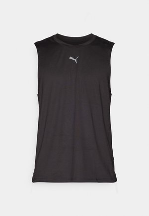 Top sportiv negru fără mâneci, realizat dintr-un material ușor. Are un guler rotund și un logo discret gri Puma pe piept.