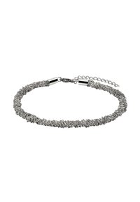Srebrna bransoletka z teksturowanym, skręconym wzorem, z gładkimi metalowymi końcówkami oraz regulowanym łańcuszkiem umożliwiającym dopasowanie długości.