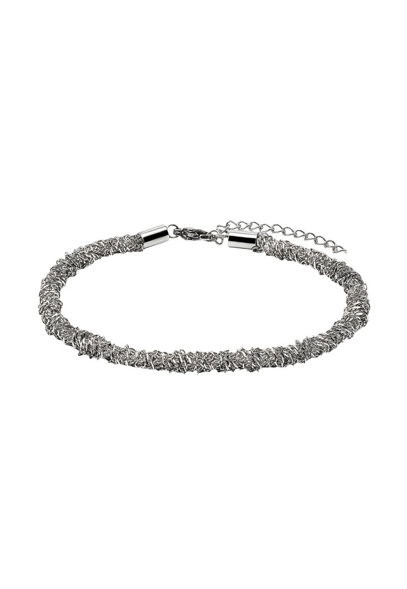 Srebrna bransoletka z teksturowanym, skręconym wzorem, z gładkimi metalowymi końcówkami oraz regulowanym łańcuszkiem umożliwiającym dopasowanie długości.