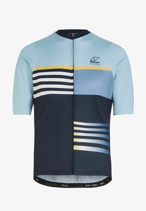 Kortærmet cykeltrøje i blå nuancer, med vandrette striber i forskellige bredder, en lynlåsåbning foran og logoaccent på brystet.