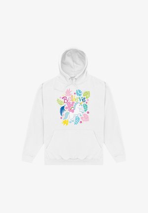 White hoodie featuring a colorful graphic with the word "Believe," a unicorn, and floral accents. Made from soft, comfortable fabric.