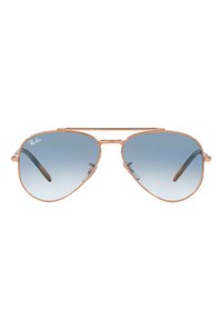 Occhiali da sole aviator con montatura in metallo rose gold, lenti a gradiente blu e punte delle aste in plastica marrone. Design a doppio ponte notevole.