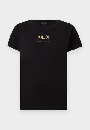 T-shirt en coton noir à manches courtes avec un design de logo doré incluant le texte "ACX" et "ARMANI EXCHANGE".