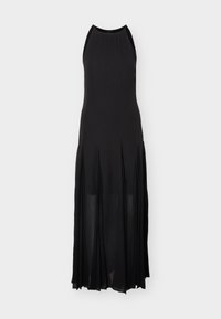 Μαύρο βραδινό φόρεμα χωρίς μανίκια, με ψηλό λαιμό, εφαρμοστό κορσέ και ρέον πλισέ φόρεμα που φτάνει μέχρι το πάτωμα.