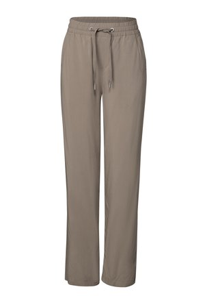 Pantaloni beige chiaro a gamba larga, realizzati in tessuto morbido, dotati di un cinturino elastico con cordoncino e tasche laterali.