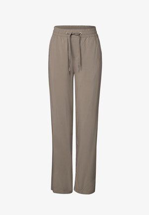 Lysbrune, bredbenede bukser lavet af blødt stof, med elastisk talje og snørelukning samt sidelommer.