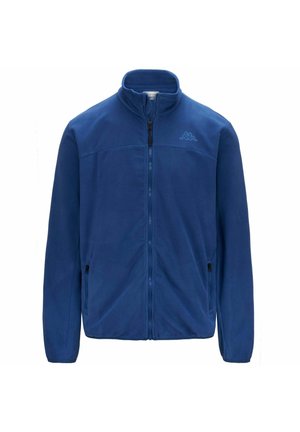 Giacca in pile blu con colletto alto, zip frontale completa e due tasche laterali. Presenta un logo discreto sul petto e una texture morbida.