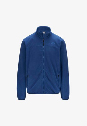 Giacca in pile blu con colletto alto, zip frontale completa e due tasche laterali. Presenta un logo discreto sul petto e una texture morbida.