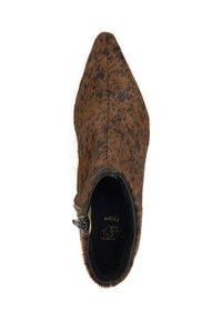 Brown ankle boot with a pointed toe, featuring a spotted pattern, textured fur-like material, and a side zipper for closure.
